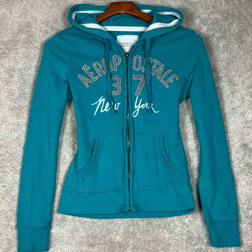 Aeropostale Zip Up Hoodie Women XS Teal Blue 87 New York Graphic Sparkle VTG Y2K